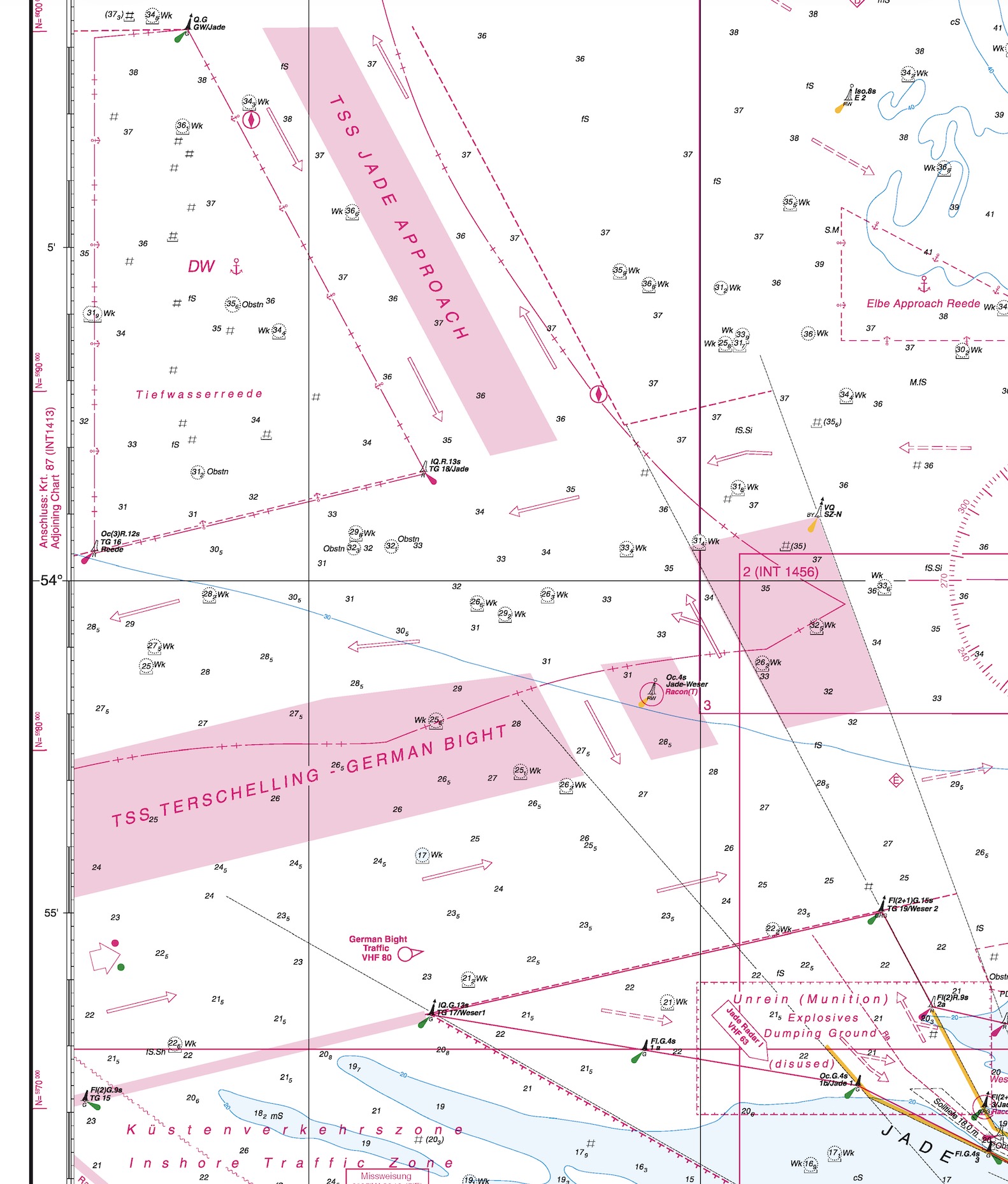 Verkehrstrennungsgebiete Terschelling-German Bight und Jade Approach mit Einbahnwegen und Trennzone. Unten die Küstenverkehrszone.