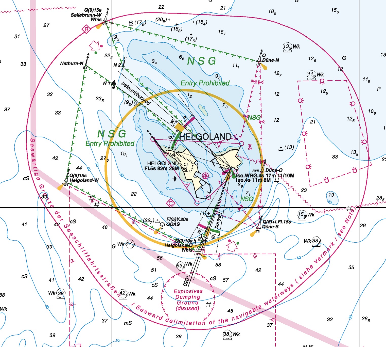 Basislinie und Seeschifffahrtsstraßen um Helgoland.
