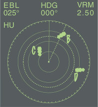 Schematisches Radarbild. Head Up (HU). Der Steuerstrich zeigt nach oben (HDG 000˚). Das Bild zeigt drei Echos, die als Schiffe geortet wurden und mit B, C und D markiert sind. Peillineal (EBL 025˚) und variabler Messring (VRM 2,50 sm) sind auf B gelegt.